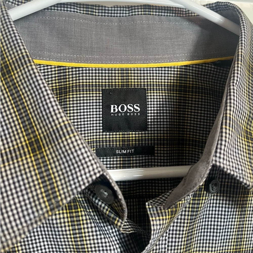 BOSS Hugo Boss Long Sleeve Button Down Sz Large Shirt Slim Fit Gray with Plaid - Picture 11 of 11